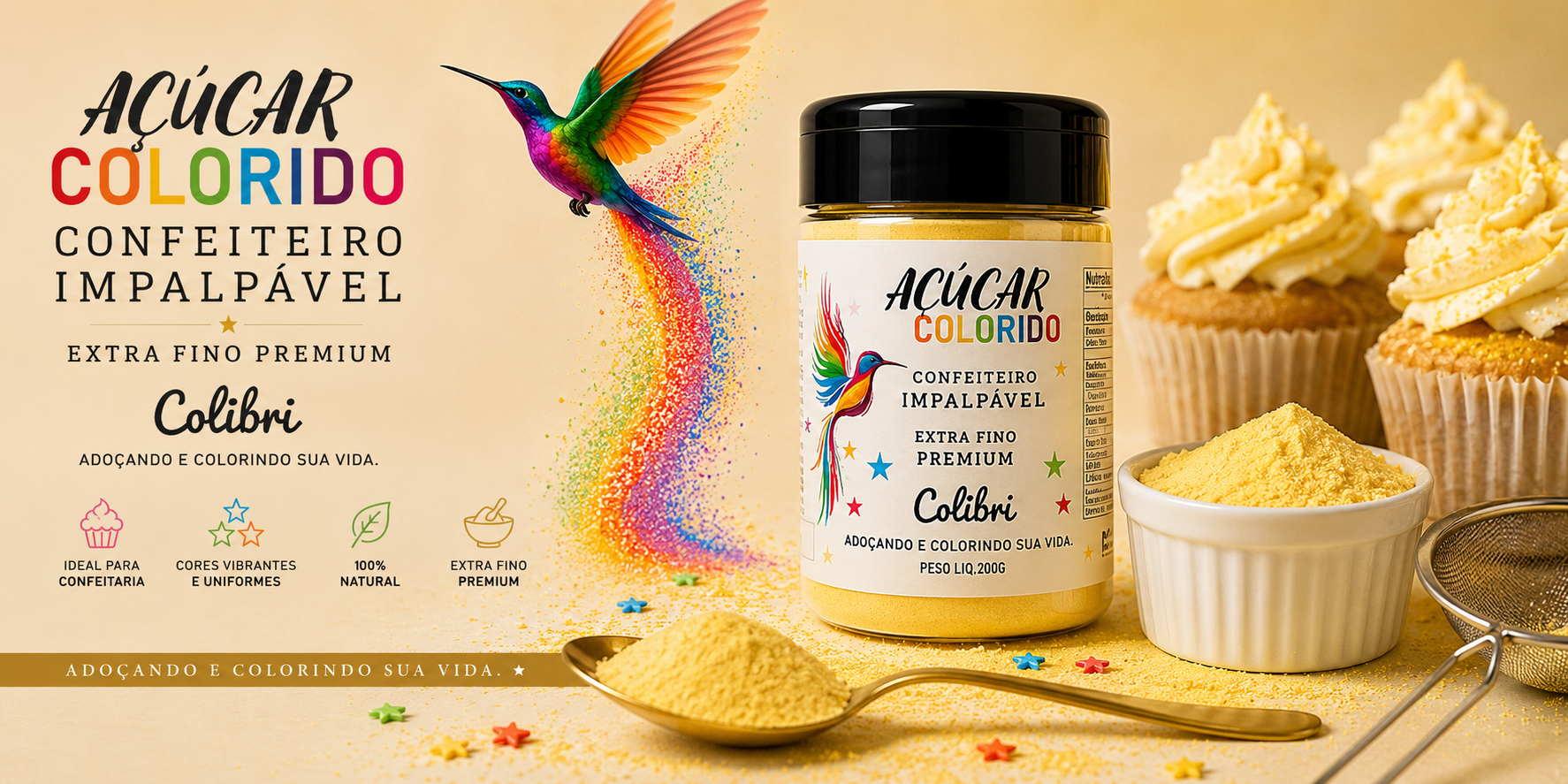AÇÚCAR DE CONFEITEIRO COLORIDO COLIBRI 200g - (PREMIUM)