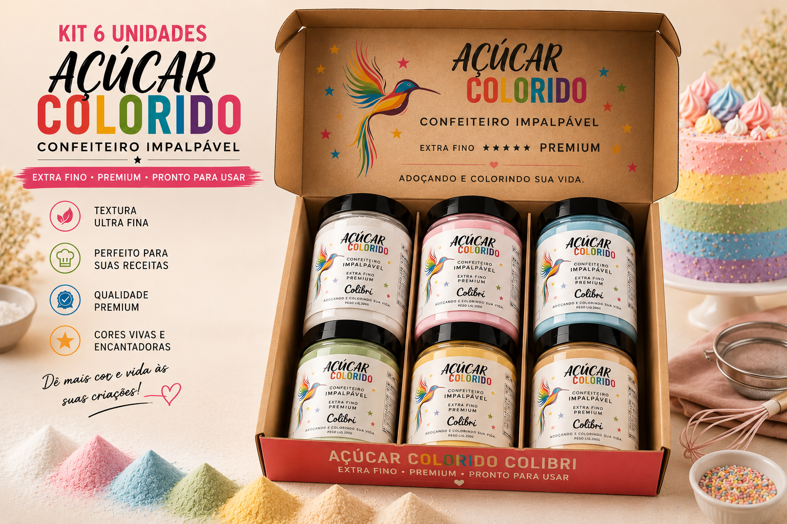 KIT ARCO-ÍRIS AÇÚCAR DE CONFEITEIRO (PREMIUM)